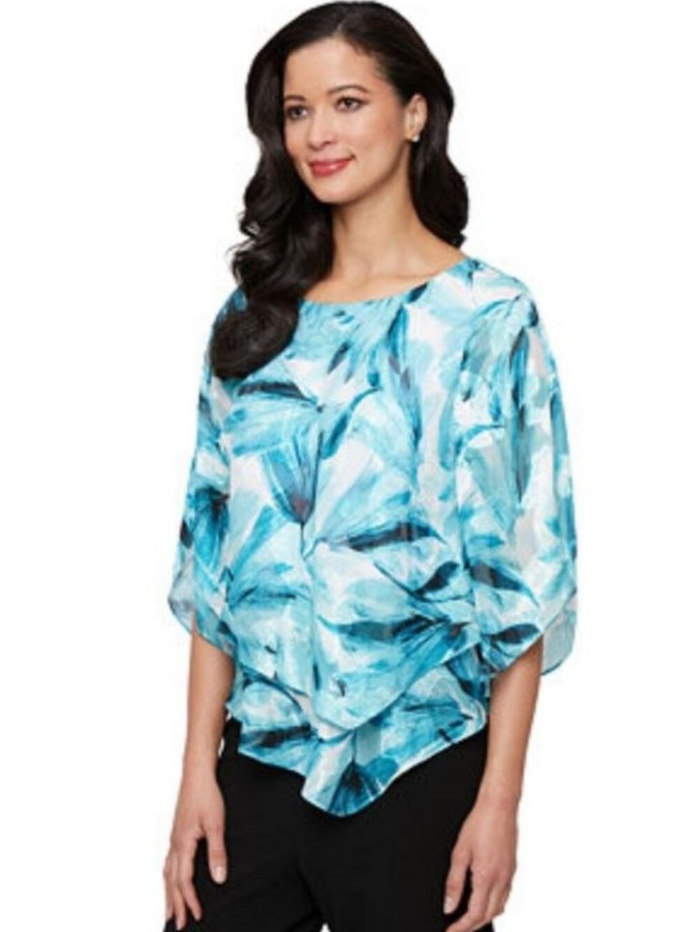 $129 Alex Evenings Women's Printed Chiffon Burnout Blouse Petite Aqua Size LP